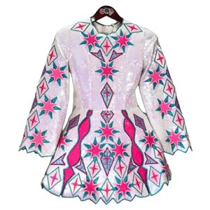 Handmade Irish dancing dress Siopa Rince Teo sequin sparkle pink blue star RARE